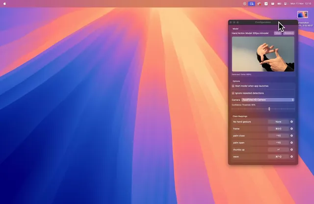 ML Shortcuts screenshot: The configuration window detects a hand sign