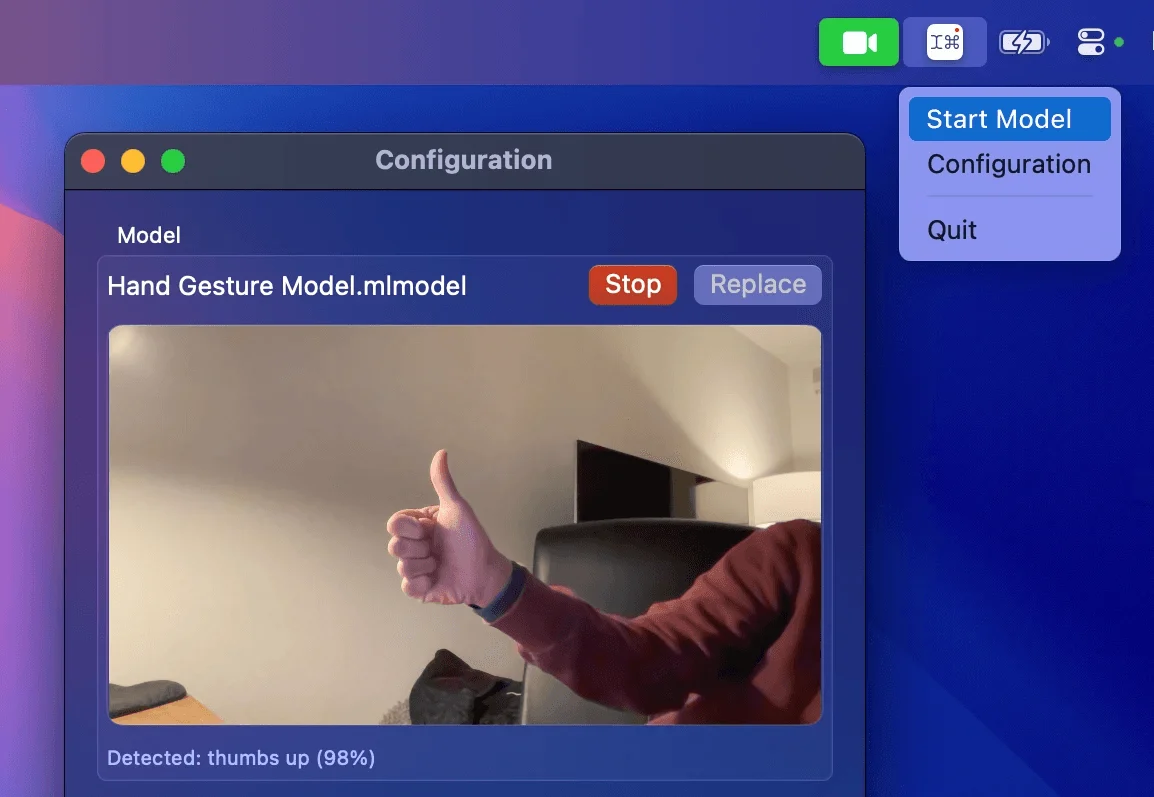 The ML Shortcuts menu bar menu with Start Model, and the camera detecting a thumbs up at 98 %